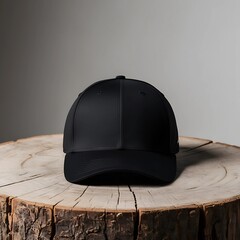 Black cap displayed on wooden surface in a minimalist setting highlighting its design and texture