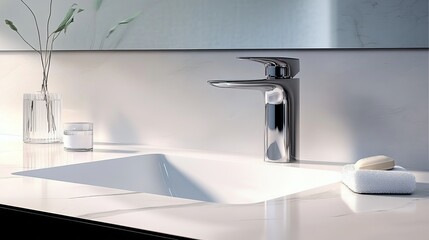 Modern Bathroom Interior Design With White Sink And Silver Faucet, Minimalist Home Decor.