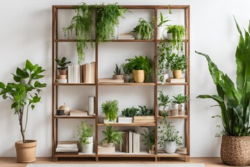 Bookcase with various plants over white wall