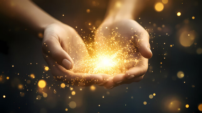 Celestial connection with golden shimmer: warm light, cosmic energy, spiritual guidance. Omniscient. Illustration