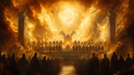 Celestial court convened, with saints and sinners alike facing the divine tribunal of justice, judgment day, doomsday, god is judging,. Omniscient. Illustration