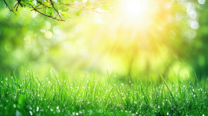 Obraz premium Bright Sunlight Shining Through Leaves Over Dewy Green Grass in a Vibrant Natural Setting, Ideal for Nature and Wellness Themes