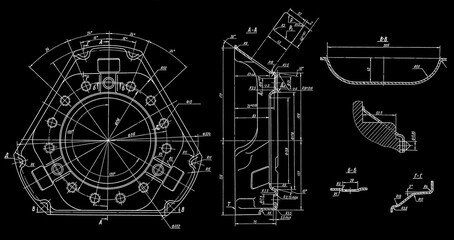 Clutch cover of car.
Engineering automotive mechanical drawing of steel 
device on paper sheet. Industrial cad scheme. 
Technology design of machine building industry. 
Machined template.