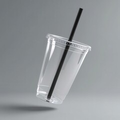 Transparent cup with a black straw against a gray background, ideal for beverage-related designs.