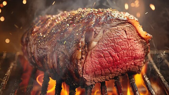 Prime Rib on barbecue grill moves with smoke around
