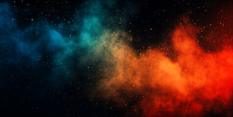 Obraz premium Colorful dust particles in blue, orange, and red on a dark background. Cosmic and vibrant abstract design.