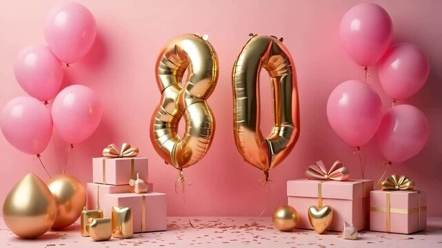 A pink and gold 80th birthday anniversary celebration with balloons and confetti	