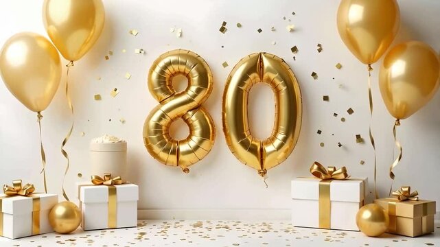 A white and gold 80th birthday anniversary celebration with balloons and confetti	
