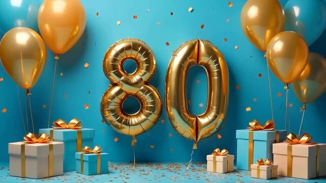 A blue and gold 80th birthday anniversary celebration with balloons and confetti	
