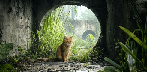 forestry industry concept. Cat sitting in a green, overgrown environment near a circular opening.