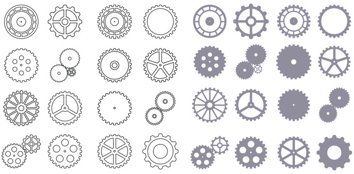 Gears collection. Vector Gear, Set of outline and shape gears wheels