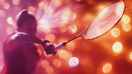 Dynamic Action Shot of a Female Player Hitting a Badminton Shuttlecock with Dramatic Lighting and Blurred Background for Sports Photography
