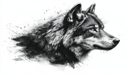 Majestic wolf head profile, grayscale, ink splash background.
