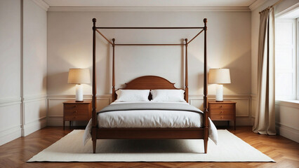 Elegant four-poster bed in a serene bedroom setting with natural light, ideal for classic design and modern elegance