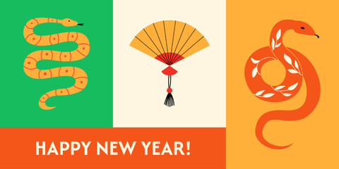 Chinese 2025 happy new year modern geometric banner. Vector flat illustration with snakes and asian paper fan. Symbol of zodiac lunar year. Minimalist layout design