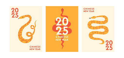 Set of modern minimalist posters with snakes and 2025 chinese new year text. Vector flat illustrations of zodiac symbol. Chinese new year greeting cards