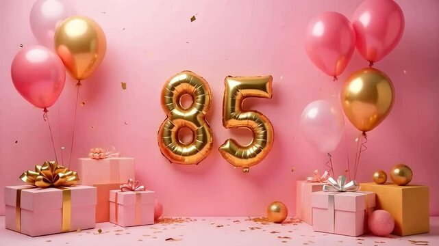 A pink and gold 85th birthday anniversary celebration with balloons and confetti	
