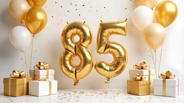 A white and gold 85th birthday anniversary celebration with balloons and confetti	
