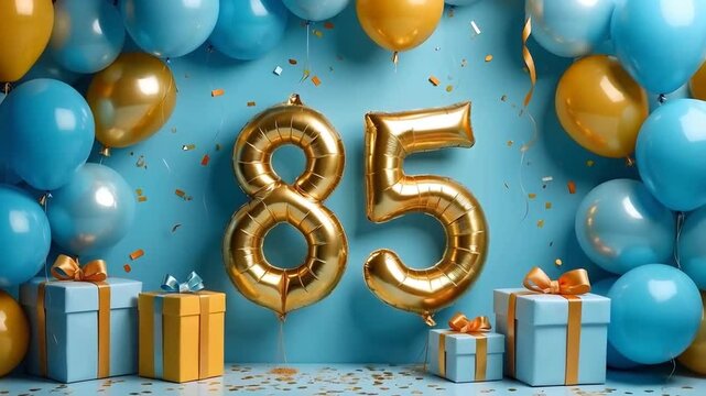 A blue and gold 85th birthday anniversary celebration with balloons and confetti	
