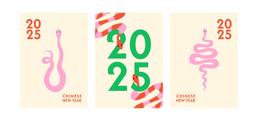 Naklejka premium Set of minimalist posters with cute snakes and 2025 chinese new year text. Vector flat illustrations of zodiac symbol. Chinese new year greeting cards