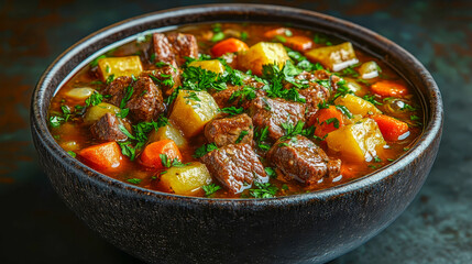 Beef stew served in a rustic bowl filled with chunks of tender meat, potatoes, carrots and onions 
