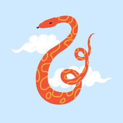 Snake with clouds in asian style. Mystical and fantasy vector flat illustration of reptile. Zodiac symbol of lunar new year