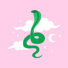 Cute green snake with clouds, moon and stars. Mystical and fantasy vector flat illustration of reptile in asian style. Zodiac symbol of lunar new year