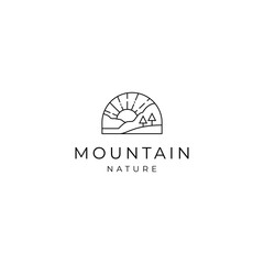 Mountain nature logo vector icon logo of mountain hills and sunrise pine spruce trees in linear trendy lines, minimalist nature landscape outline logo