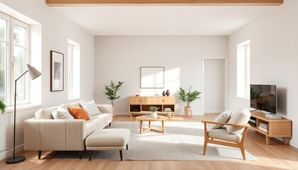 Scandinavian interior living room with simple, functional furniture, light wood finishes, and neutral colors characteristic of Scandinavian interior design