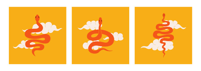 Set of modern flat vector illustrations with snakes and clouds in oriental asian style. Vintage clipart with symbol of lunar new year