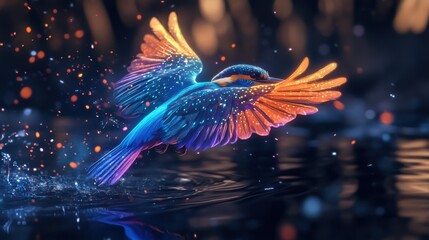 Vibrant kingfisher diving into water, sparkling effect.