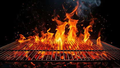 Barbecue Grill with Flames and Empty Cooking Grid on Black Background