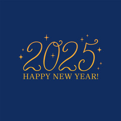 Gold elegant numbers 2025 and happy new year quote. Holiday greeting card with hand drawn lettering. Vector illustration of calligraphy quote