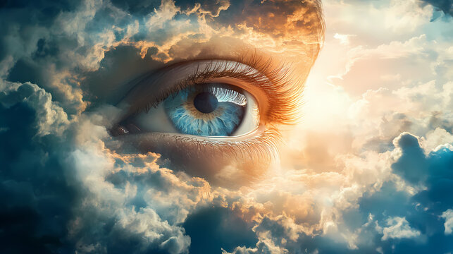 Divine contemplation: gazing into the omniscient eye amidst the expansive sky and clouds. Omniscient. Illustration