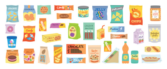 Snack products. Junk food in packages crisps candies different cold drinks soda chocolate bars recent vector snacks illustrations