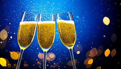 New Year Cheers Sparkling Goblets with Golden Glitter on Blue Abstract Background