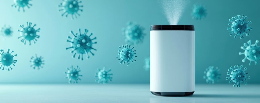 A modern air purifier emits mist, surrounded by floating virus illustrations, symbolizing air quality and health protection.