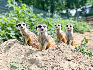 Fototapeta premium A group of four baby meerkats are sitting on a pile of dirt