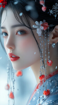 氷の結晶と紅い花の髪飾りが彩る冬の美人画、透明感のある瞳と肌、水晶のように輝く装飾が揺れる黒髪、寒色と暖色が織りなす幻想的な和装ポートレートを表現したデジタルアート