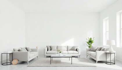 White living room background with a clean, white backdrop of a stylish living room, perfect for mockups or design presentations
