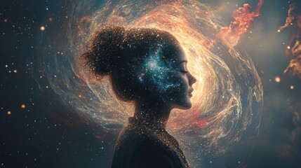 Woman's profile with cosmic nebula inside.