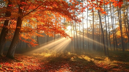 Obraz premium Golden rays streaming through an autumn forest, illuminating red and orange leaves in mist