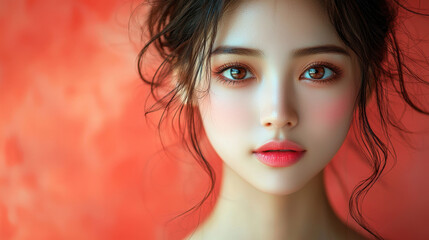 Obraz premium A young woman presents her captivating face, highlighted by smooth skin and expressive eyes. The vibrant red backdrop enhances her natural beauty and charm, creating an eye-catching visual.