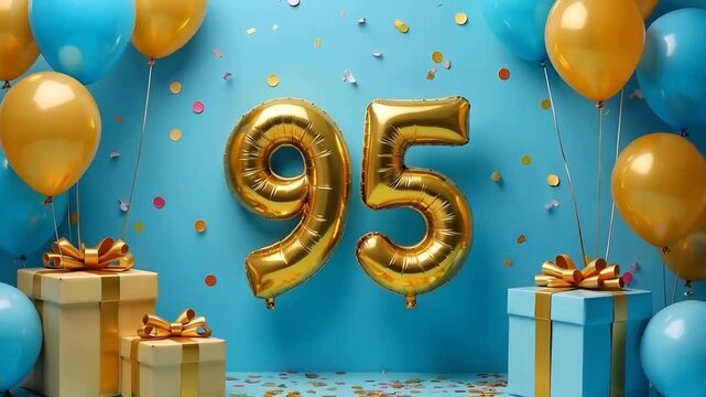 A blue and gold 95th birthday anniversary celebration with balloons and confetti	

