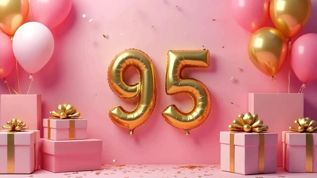 A pink and gold 95th birthday anniversary celebration with balloons and confetti	
