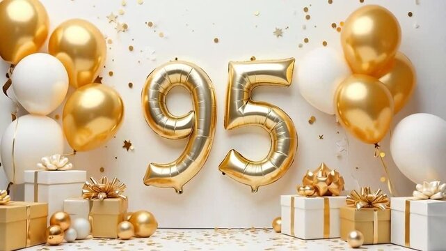 A white and gold 95th birthday anniversary celebration with balloons and confetti	
