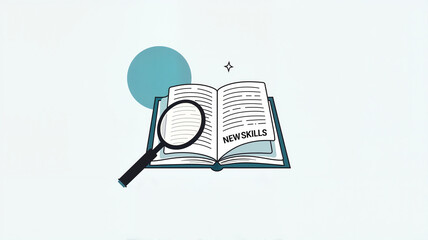 Magnifying glass focused on open book highlighting new skills