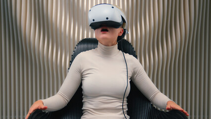 Caucasian woman futuristic space wear helmet VR glasses female girl player gamer wearing AR goggles shock amaze vision effects gaming simulator virtual reality future technology cyber game metaverse