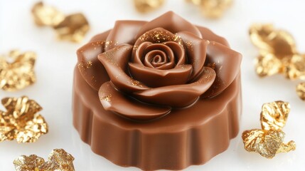 A realistic chocolate rose surrounded by delicate edible gold flakes on a luxurious white background