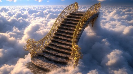 Fototapeta premium A floating staircase ascending through fluffy white clouds, leading to an intricate golden gate, signifying the passage to paradise.